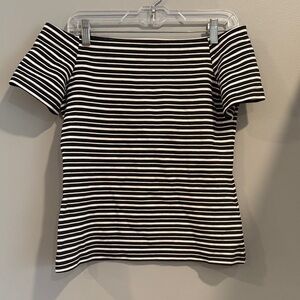 Ann Taylor Monochrome Striped Off the Shoulder Short Sleeve Tee